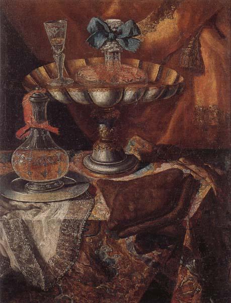 unknow artist Still life of a wine glass and bottle in a parcel gilt tazza together with a glass decanter on a pewter dish upon a draped tabletop oil painting image